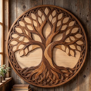 May include: Circular wooden wall art depicting a tree design. The tree features a dark brown trunk and branches with light brown leaves. The artwork is set against a light wood background and framed with a decorative border.