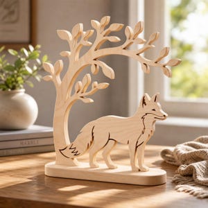 Peut inclure: Une sculpture en bois clair représentant un renard debout sous un arbre stylisé aux branches courbées et aux découpes en forme de feuilles. L'ensemble est monté sur une base rectangulaire lisse, mettant en valeur les veines du bois.