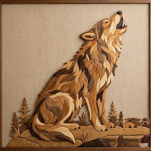 Peut inclure: Une œuvre d'art murale en bois représentant un loup hurlant. L'œuvre est réalisée à partir de différentes nuances de bois, créant un effet de mosaïque. Le loup est représenté assis, avec des arbres et des rochers en arrière-plan, le tout dans un cadre en bois.