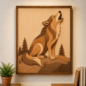 Puede incluir: Arte de pared de madera que representa un lobo aullando. La obra de arte utiliza diferentes tonos de madera para crear un efecto en capas. El lobo está sentado en una roca con árboles en el fondo, todo dentro de un marco.