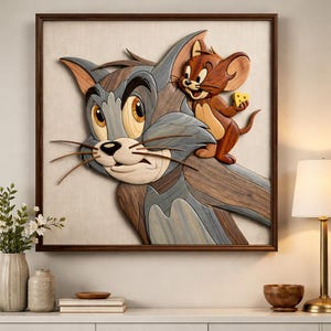 May include: Wooden wall art featuring Tom and Jerry characters. Tom the cat is depicted in shades of gray, brown, and beige, with Jerry the mouse perched on his head, holding a piece of cheese. The artwork is framed in a dark brown wooden frame.