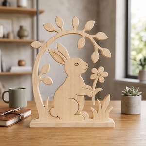 May include: A light-coloured wooden cutout decoration featuring a rabbit standing under a curved tree branch with leaves. The rabbit is holding a single flower, and the entire piece is mounted on a rectangular wooden base, showcasing natural wood grain.