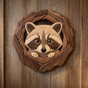 May include: A circular wooden wall art piece featuring a raccoon face peering out from a carved tree hollow. The raccoon is crafted from light and dark wood tones, showcasing detailed facial markings, pointed ears, and small paws resting on the edge.