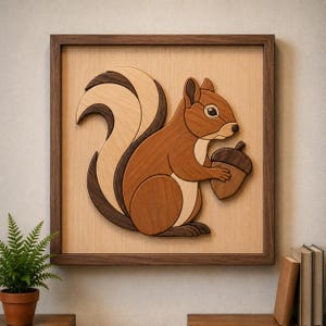 May include: Wooden wall art featuring a squirrel holding an acorn. The squirrel is crafted from various wood tones, including light and dark browns, and is set against a light wood background within a dark brown frame. The artwork has a 3D effect.