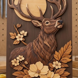 May include: A detailed wooden carving of a deer with large antlers, set against a dark brown background. The artwork features a light-coloured moon, flowers, and leaves, all meticulously carved and stained in various shades of brown and tan.