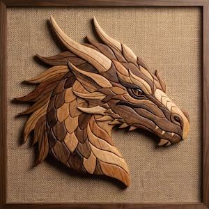May include: A wooden dragon head sculpture, framed in a dark wood. The dragon is crafted from various shades of brown wood, with detailed scales, horns, and an eye. The artwork is mounted on a textured, tan background.