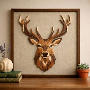 May include: A wooden stag head wall art piece. The artwork features a detailed mosaic design with various shades of brown wood, framed in a dark brown frame. The stag's antlers are intricately crafted, and the background is a neutral linen fabric.
