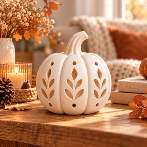 May include: A cream-colored ceramic pumpkin figurine featuring a carved leaf pattern on each segment. The pumpkin has a curved stem and circular cutouts at the top and bottom of each section, designed to allow light to pass through the structure.