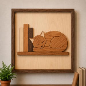Sleeping Cat Wooden Intarsia Pattern | Rustic Woodworking Wall Art Template | DIY Scroll Saw Wooden Craft Plan | Veneer Digital PDF Download