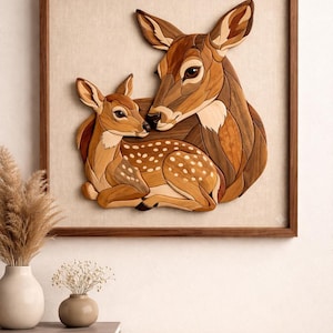 Può includere: Un'opera d'arte in legno raffigurante una cerva e il suo cerbiatto, realizzata con diverse tonalità di legno. L'opera è incorniciata in una cornice di legno scuro e montata su uno sfondo di lino neutro. Il cerbiatto è sdraiato con macchie bianche.