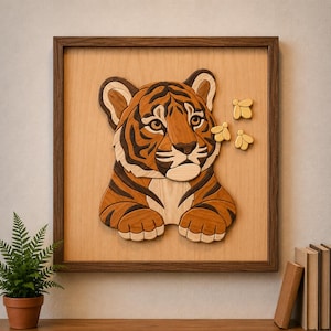 May include: Wooden wall art featuring a tiger cub with orange and black stripes, set against a light wood background. The artwork includes three small, yellow wooden bees. The piece is framed in a dark brown wood.