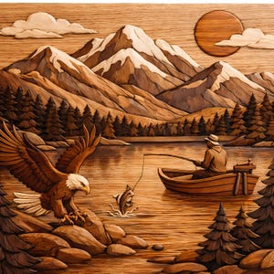 Mountain & Eagle, Fisherman Wooden Intarsia Pattern, Marquetry Veneer Digital PDF, Rustic woodworking Intarsia Pattern, Instant Download