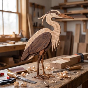 May include: A handcrafted wooden heron sculpture, showcasing intricate woodworking. The bird features a light-coloured body with darker brown wing and head details. The sculpture stands on two slender legs, with a long beak. The heron is displayed on a wooden workbench.