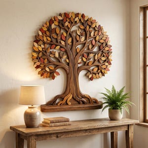 Könnte beinhalten: Ein großes Wandkunstwerk aus Holz mit einem detaillierten, geschnitzten Design. Der Baum hat einen braunen Stamm, Äste und bunte Blätter in Rot-, Orange- und Gelbtönen. Das Kunstwerk ist an einer hellen Wand befestigt.