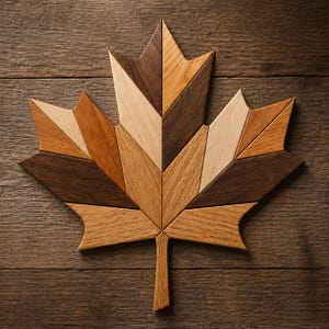 May include: A maple leaf shaped wall art piece constructed from multiple segments of wood in varying shades of brown, ranging from light tan to dark espresso, featuring a visible wood grain pattern throughout the geometric mosaic design.