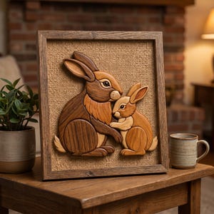 May include: A framed wooden artwork featuring two rabbits. The larger rabbit embraces the smaller one. The artwork is set against a burlap background within a wooden frame. The rabbits are shades of brown.