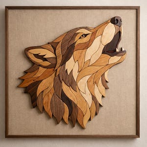 Peut inclure: Une œuvre d'art murale en bois représentant la tête d'un loup hurlant. L'œuvre est réalisée à partir de différentes nuances de bois, notamment des bruns clairs et foncés, et est encadrée dans un cadre en bois marron sur fond de tissu beige.