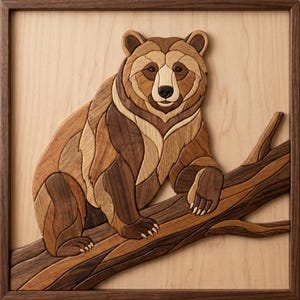 May include: A wooden bear sculpture, crafted from various shades of brown wood, sits on a branch. The bear's fur is detailed with different wood grains, and the piece is framed in a dark brown border. The artwork is mounted on a light-colored wooden background.