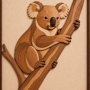 Peut inclure: Une œuvre d'art murale en marqueterie de bois encadrée représentant un koala grimpant sur une branche d'arbre. Le koala est fabriqué à partir de diverses nuances de bois brun clair et foncé, avec des motifs de grain détaillés, des yeux et un nez sombres.