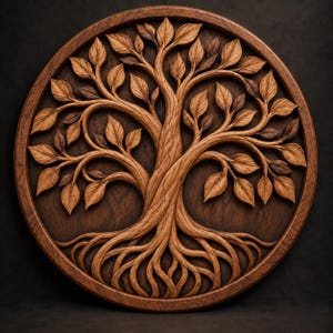 May include: A circular wooden wall art piece featuring a detailed relief carving of a tree with intricate branches, numerous leaves, and exposed roots. The design is contained within a thick, smooth wooden frame, showcasing natural brown wood grain.