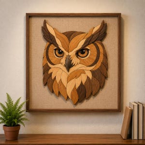 May include: A wooden owl art piece, framed in a dark brown wooden frame. The owl is constructed from various shades of brown wood, creating a detailed mosaic effect. The owl's eyes are dark brown, and the background is a light tan fabric.