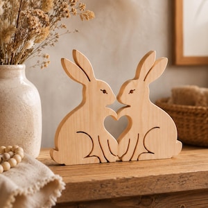 May include: Two light-coloured wooden rabbit figurines positioned facing each other. The silhouettes of the rabbits are carved so that the space between their chests forms a heart shape. The wood grain is visible on the smooth, flat surfaces.