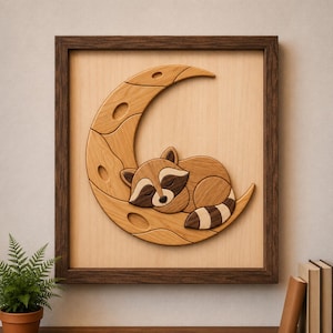 May include: Wooden wall art featuring a sleeping raccoon on a crescent moon. The artwork is crafted from various wood tones, with a dark brown frame. The raccoon has brown and white markings. The moon has cut-out shapes.