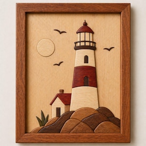 May include: Wooden framed artwork featuring a lighthouse with a red and white tower, a small house, and a sun. The artwork is made of various wood tones, with birds in flight. The frame is a dark brown color.