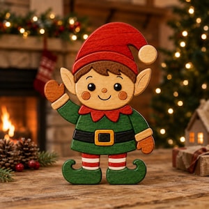 May include: A wooden elf figurine featuring a red hat, green tunic with a black belt and yellow buckle, and striped leggings. The elf has pointed ears, rosy cheeks, and is waving one hand. The design is crafted from layered wood pieces.