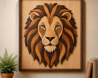 May include: A square wooden wall art piece featuring a layered, three-dimensional lion head sculpture. The lion is crafted from various shades of natural wood, ranging from light tan to dark brown, creating a detailed mane and facial features.