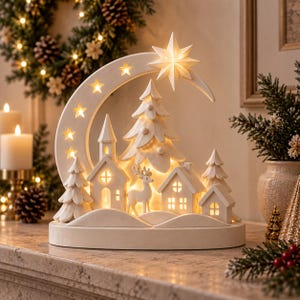 May include: A cream-coloured, illuminated tabletop decoration featuring a crescent moon frame with star cutouts, a central star, pine trees, small houses, and a deer figure. The structure is crafted from a smooth material and emits a warm glow.