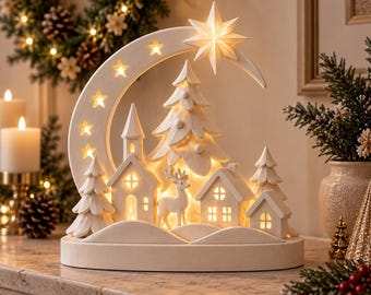 Puede incluir: Una decoración de mesa iluminada de color crema que presenta un marco de media luna con estrellas recortadas, una estrella central, pinos, casas pequeñas y una figura de ciervo. La estructura es de material liso y emite un brillo cálido.