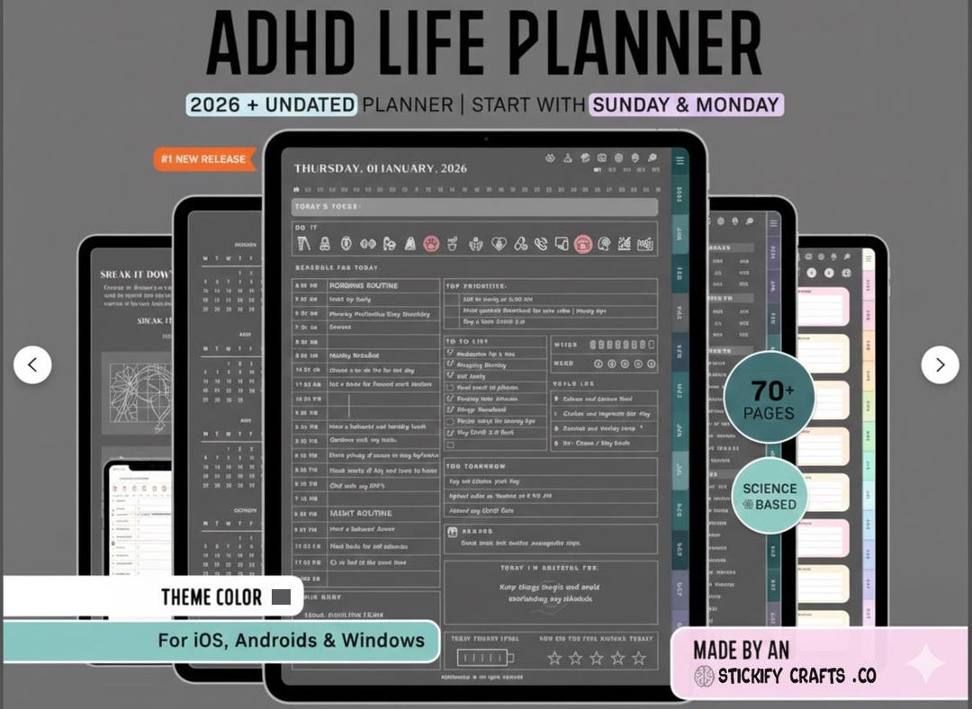 2026 ADHD Digital Planner Dark Minimalist Daily, Weekly Monthly Planner ...