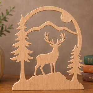 Op de afbeelding: Een lichtgekleurde houten uitgesneden decoratie met een silhouet van een hert dat op een kleine heuvel tussen twee dennenbomen staat, met een gebogen boogframe erboven en de omtrek van een bergketen op de achtergrond, alles van glad hout.