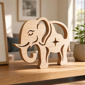 Op de afbeelding: Een lichtgekleurd houten olifantenbeeldje met een uitgesneden ontwerp en een vierpuntige stervorm in het midden van het lichaam. De olifant is in profiel afgebeeld met een gekrulde slurf en een zichtbare houtnerf over het gehele oppervlak.