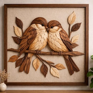 May include: A wooden relief sculpture in a brown frame, depicting two birds on a branch. The birds and leaves are carved in shades of brown, set against a beige fabric background. A decorative piece for the home.