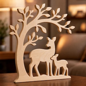 May include: A light-colored wooden cutout sculpture featuring a large tree with spreading branches and leaves, sheltering a standing adult deer and a smaller fawn positioned side-by-side. The piece is flat, smooth, and stands on a base.