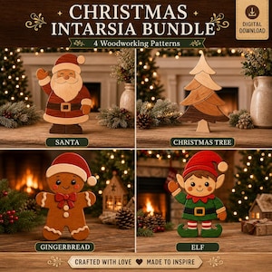 Op de afbeelding: Een digitale downloadbundel met vier kerst-intarsia houtbewerkingspatronen, waaronder een kerstman, een kerstboom, een peperkoekfiguurtje en een elf. De tekst luidt CHRISTMAS INTARSIA BUNDLE, 4 Woodworking Patterns, SANTA, CHRISTMAS TREE, GINGERBREAD, ELF en CRAFTED WITH LOVE MADE TO INSPIRE.