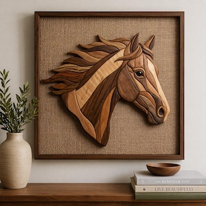 May include: Wooden horse head wall art. The artwork features a detailed mosaic of wood pieces in various shades of brown, creating a realistic depiction of a horse's head. The art is framed in a dark brown wooden frame and mounted on a tan burlap background.