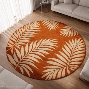 以下が含まれることがあります： 焦げたオレンジ色の背景に、大きなクリーム色のヤシの葉のデザインが施された丸いラグ。 ラグは木製の床に置かれています。 デザインは対称的です。 このラグはリビングルームの装飾要素で、直径約200cmです。