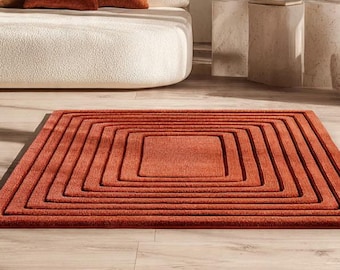 Terracotta Handmade Hand-Tufted Terracotta Wool Rug, Geometric Modern Area Carpet, Sculpted Square Design for Living Room Bedroom