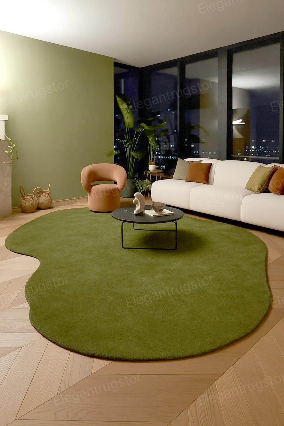 Hand-tufted Organic Shape Green Wool Rug – Modern Soft Area Carpet for ...