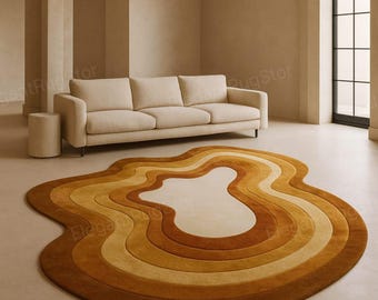 Hand-Tufted Irregular Wool Rug – Retro Layered Abstract Pattern in Warm Browns, Modern Living Room Decor, Custom Sizes, Cozy Accent Carpet