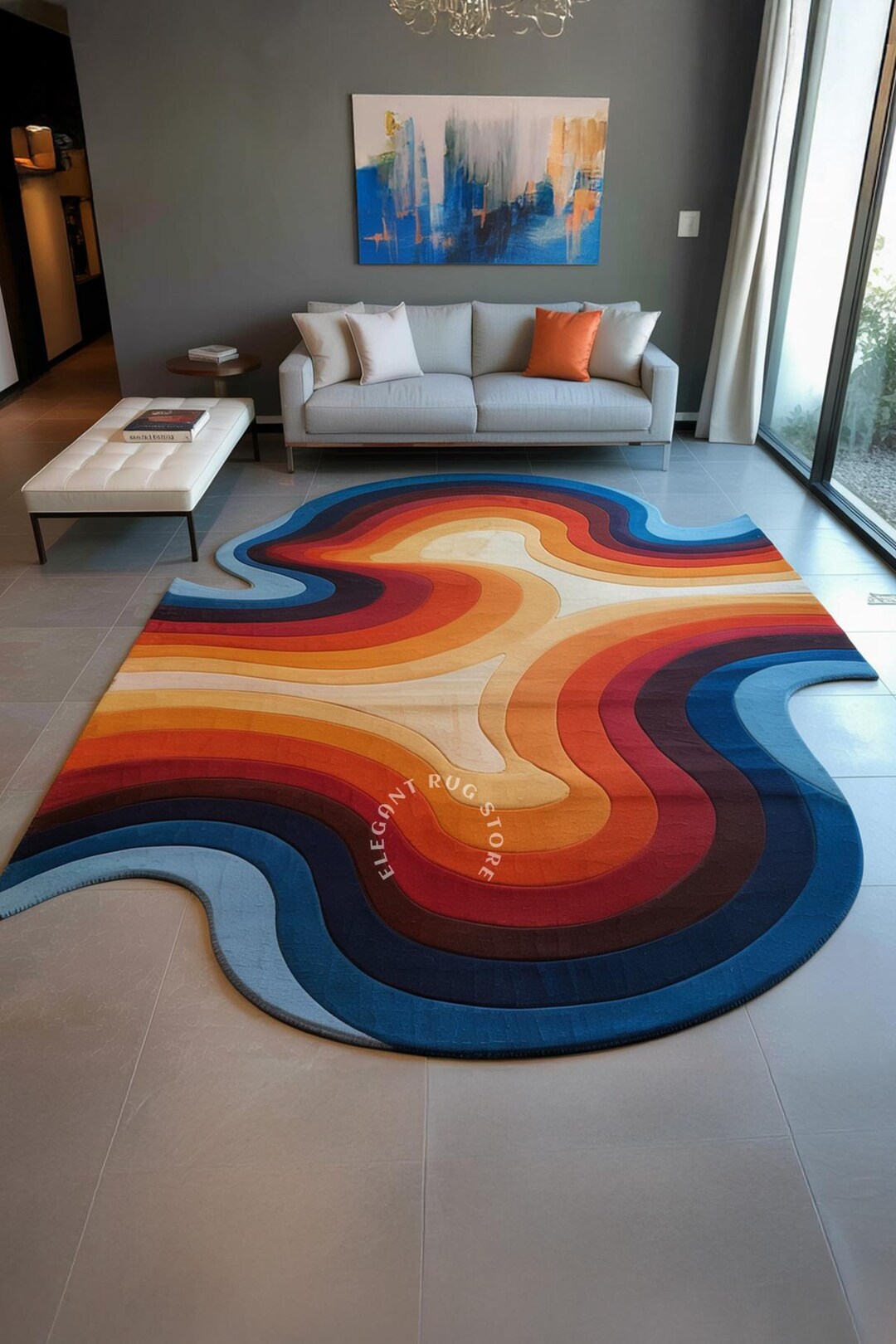 Hand-tufted Retro Wave Wool Rug | Sunset Abstract Area Rug in Orange ...