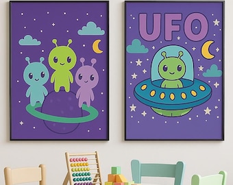 エイリアンウォールアートセット • UFO 子供部屋装飾 • 宇宙保育園プリント