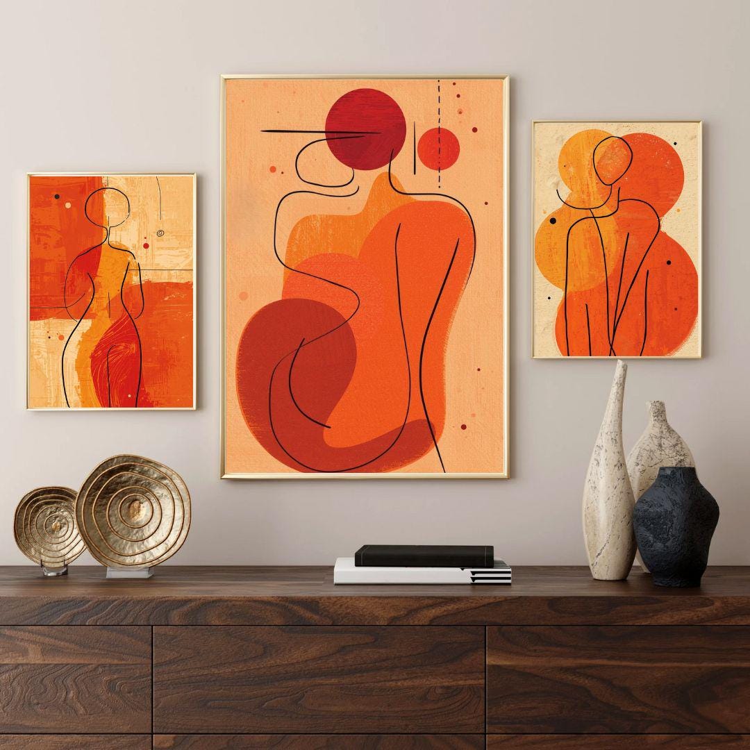 Set of 3 Abstract Line Art Posters – Modern Warm Orange Wall Art - Etsy