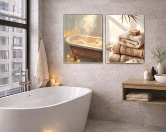 Set di stampe da parete per bagno in stile spa, stampe neutre per vasca da bagno, arredamento minimalista beige (download digitale)