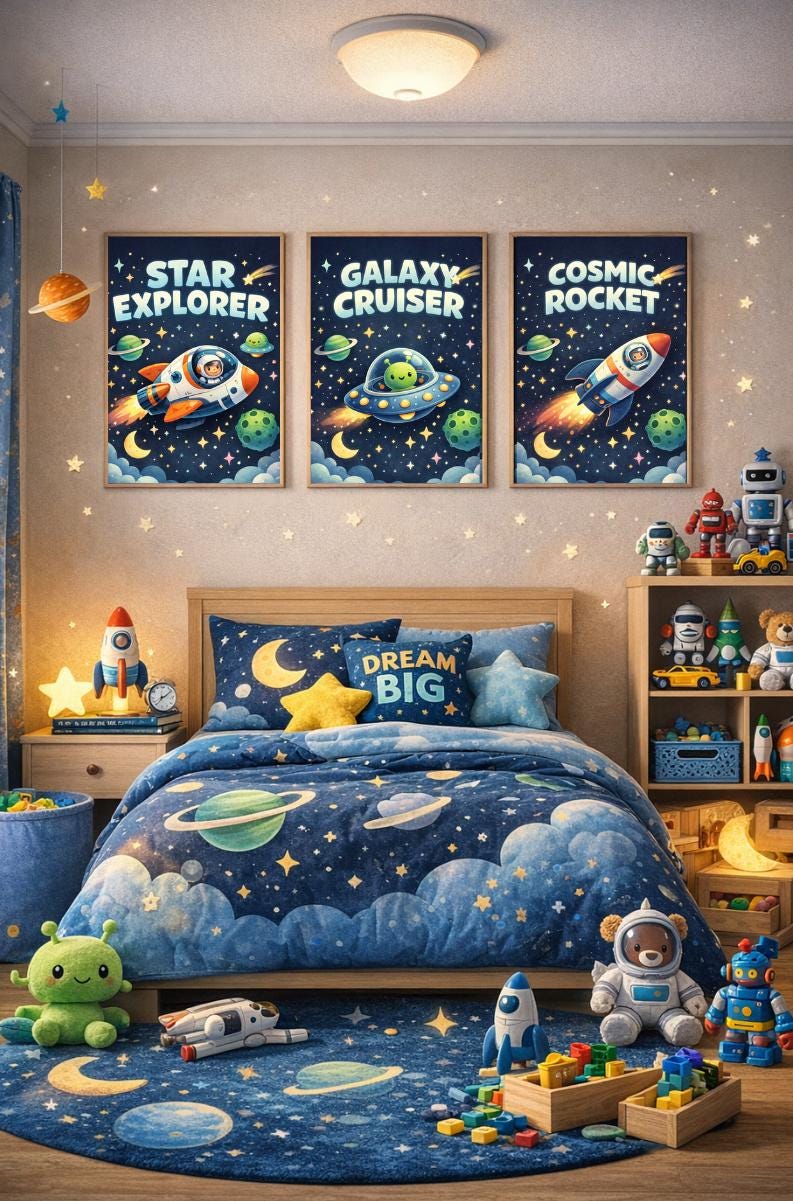 Space Nursery Wall Art Set, Galaxy Rocket Ship Prints (digital Download ...
