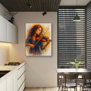 Puede incluir: Una pintura de acuarela enmarcada de una persona tocando el violín. La obra de arte presenta una vibrante paleta de colores de azules, naranjas y amarillos, con el cabello del sujeto y los tonos de madera del violín destacando.