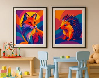Stampa artistica da parete con riccio colorato / Illustrazione di animali per la cameretta dei bambini / Decorazione per la cameretta dei bambini / Poster moderno e vivace